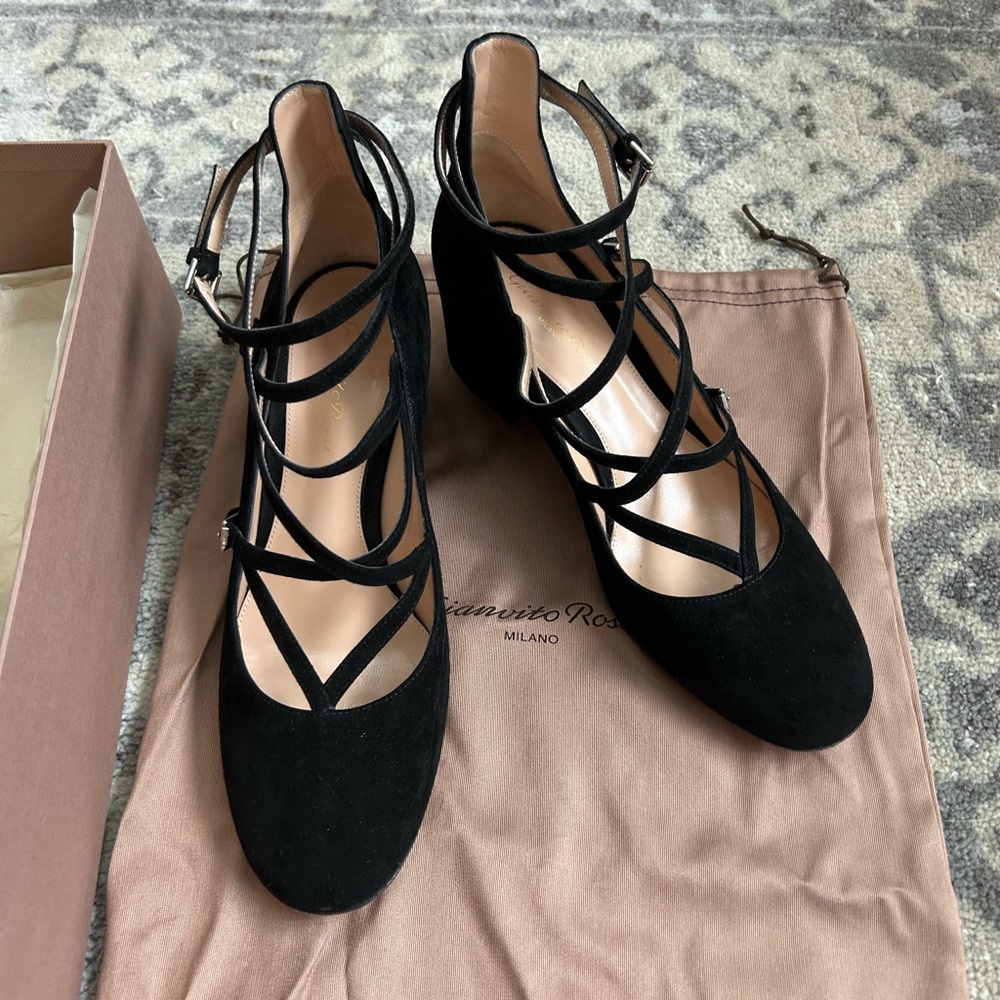 🖤 Gianvito Rossi Black Suede Strappy Block Heel Pumps with Box - Picture 6 of 14